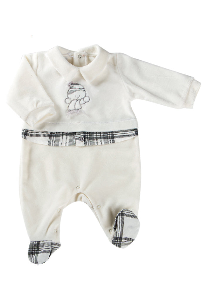 Tutina in ciniglia con ricamo ed inserti tartan