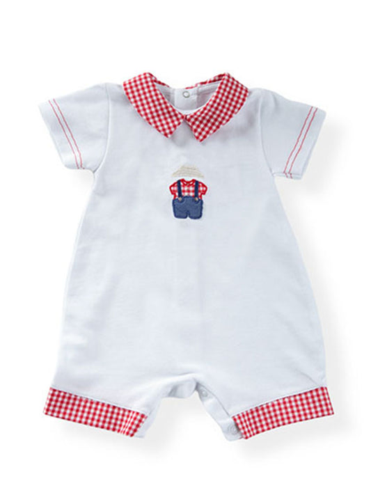 Pagliaccetto in piquet con ricamo ed inserti in tela fantasia vichy