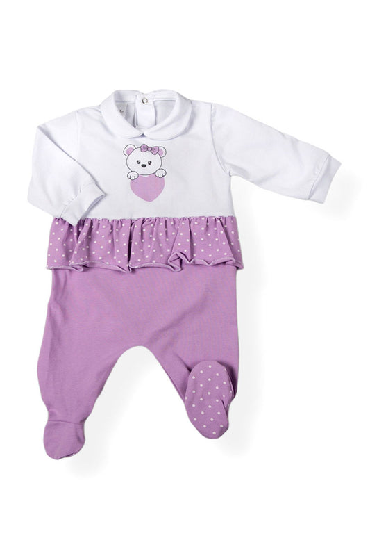 Tutina in cotone elasticizzato con stampa inserto in contrasto e balza arricciata fantasia pois