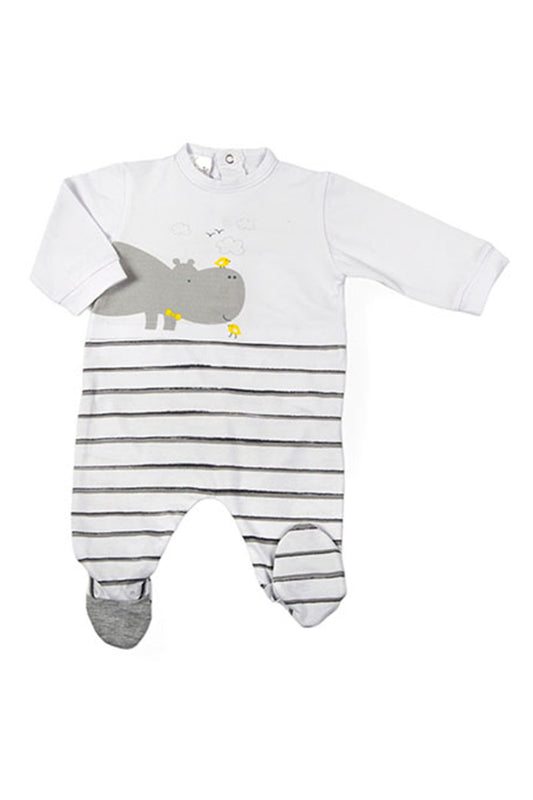 Tutina in cotone elasticizzato con stampa ed inserto rigato