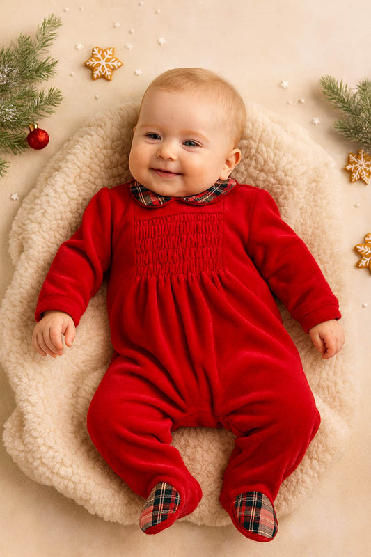 Tutina in ciniglia con punto smock ed inserti in flanella scozzese