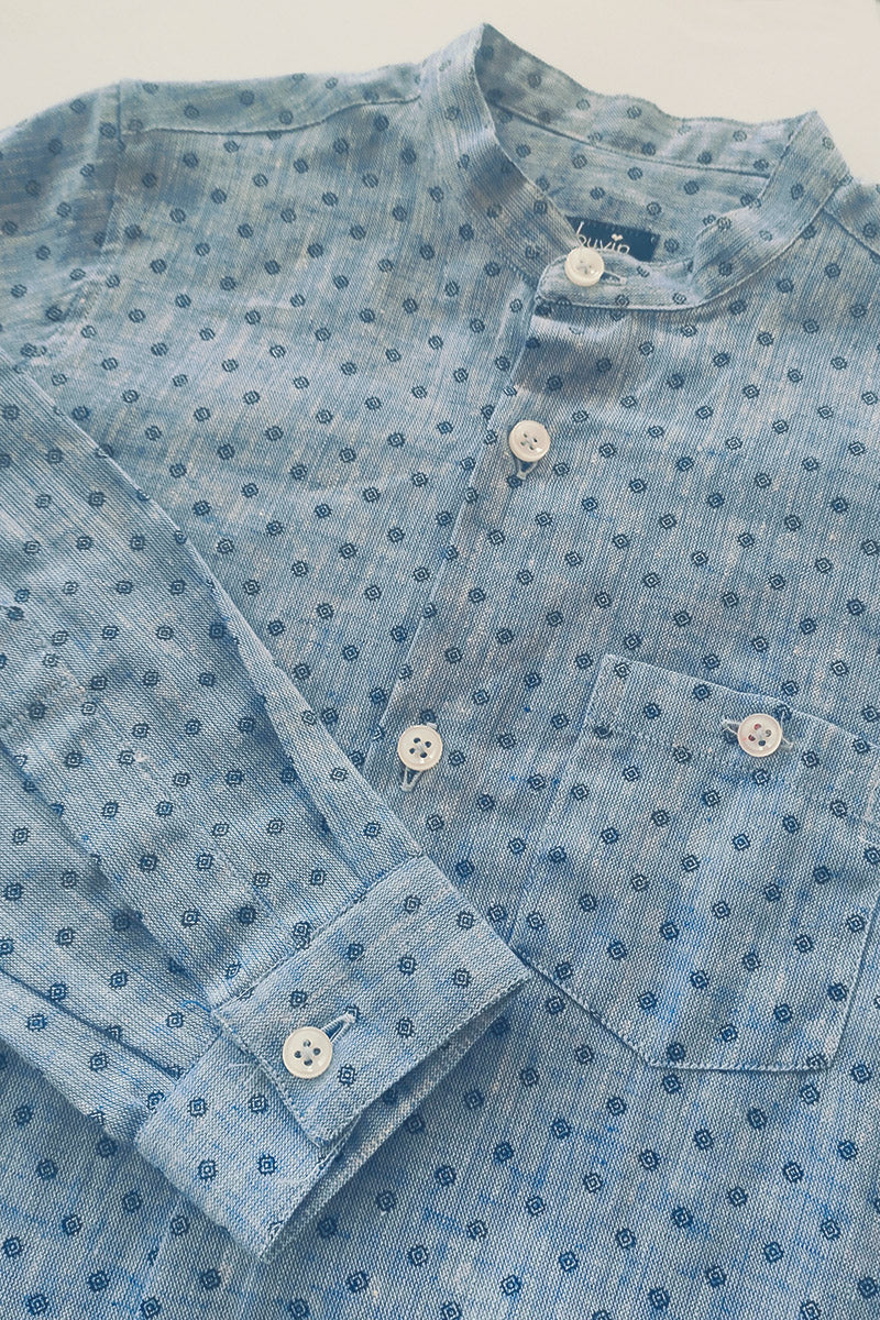 Camicia manica lunga in cotone lino con microfantasia e collo coreana