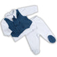 Completo in cotone elasticizzato con gilet doppio petto applicato in tessuto gessato e cravattino