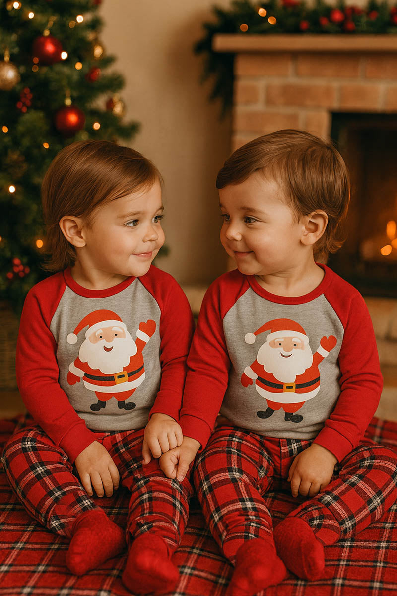 Pigiama bimba/o in caldo cotone con maniche raglan, stampa e pantalone scozzese