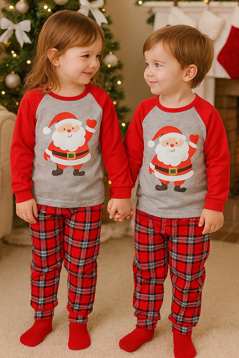 Pigiama bimba/o in caldo cotone con maniche raglan, stampa e pantalone scozzese