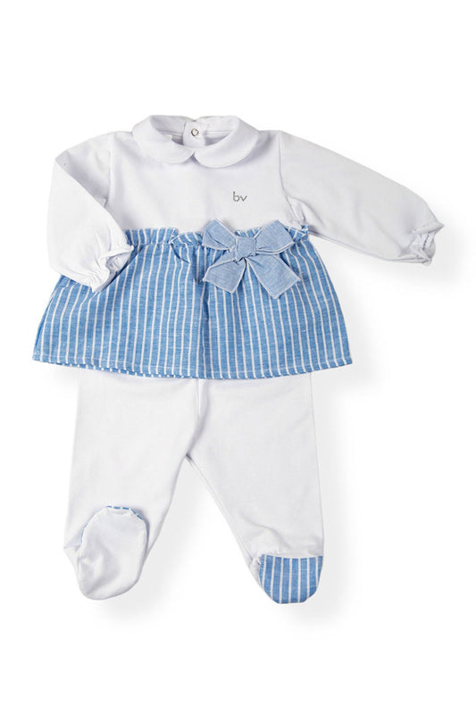 Completo in cotone elasticizzato con inserti in tessuto effetto lino rigato, strass e fiocco