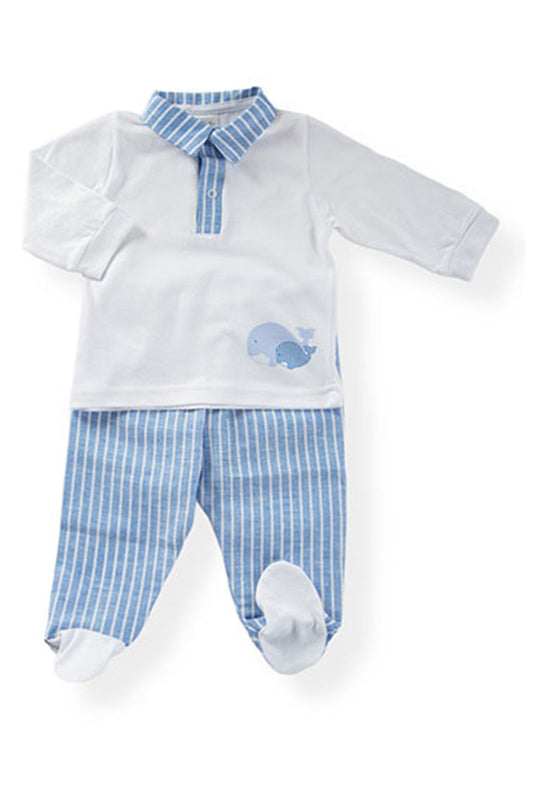 Completo in cotone elasticizzato con stampa ed inserti in tela effetto jeans rigata