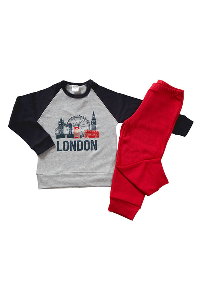 Pigiama in caldo cotone con stampa, maniche raglan e pantalone in contrasto