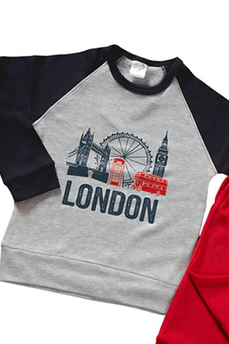 Pigiama in caldo cotone con stampa, maniche raglan e pantalone in contrasto