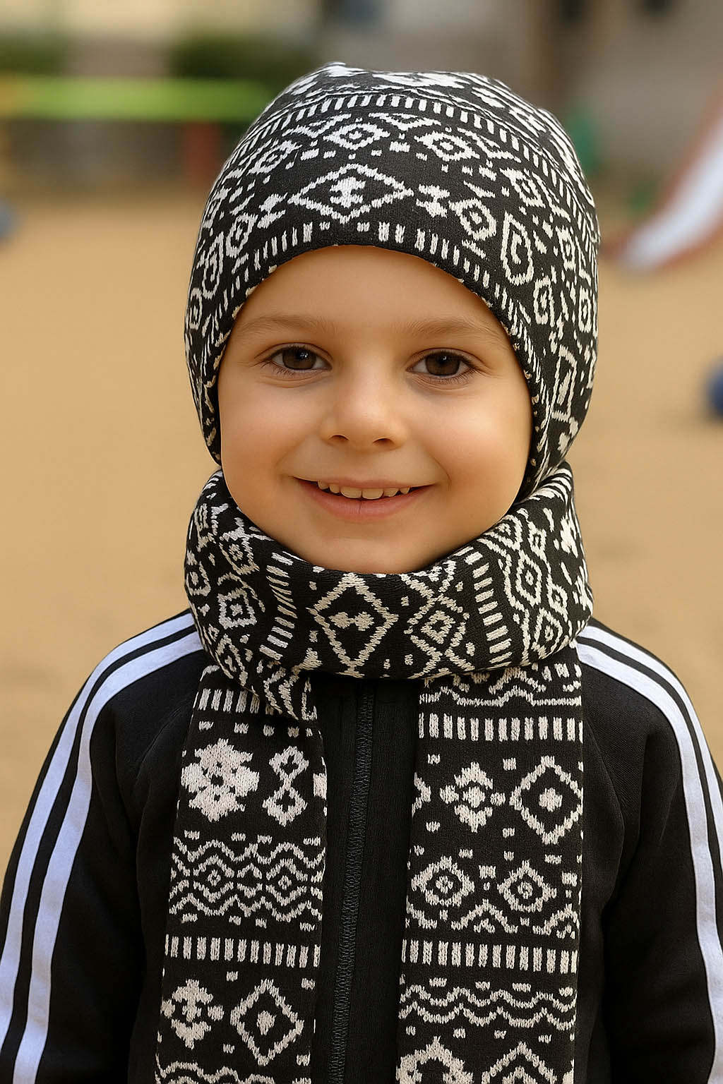 Cappellino con sciarpa in cotone con fantasia geometrica astratta