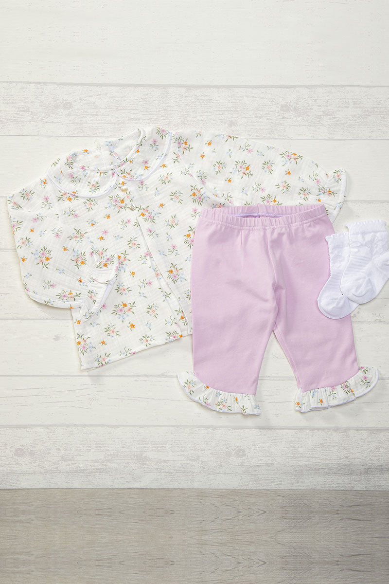 Completo 2 pezzi: Camicia in mussola di cotone fantasia provenzale con colletto, piega, bottoncini in madreperla e maniche a sbuffo + leggings in jersey elasticizzato con rouche al fondo fantasia