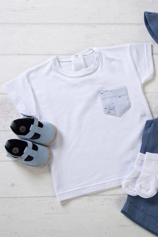 T-shirt mezza manica in cotone jersey con taschino in tela fantasia balene