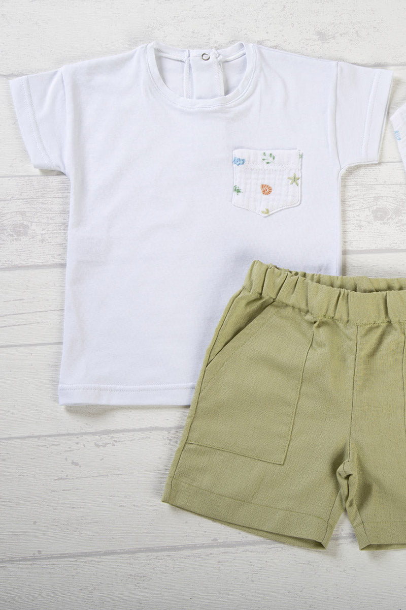 T-shirt mezza manica in cotone  jersey con taschino in mussola fantasia mare