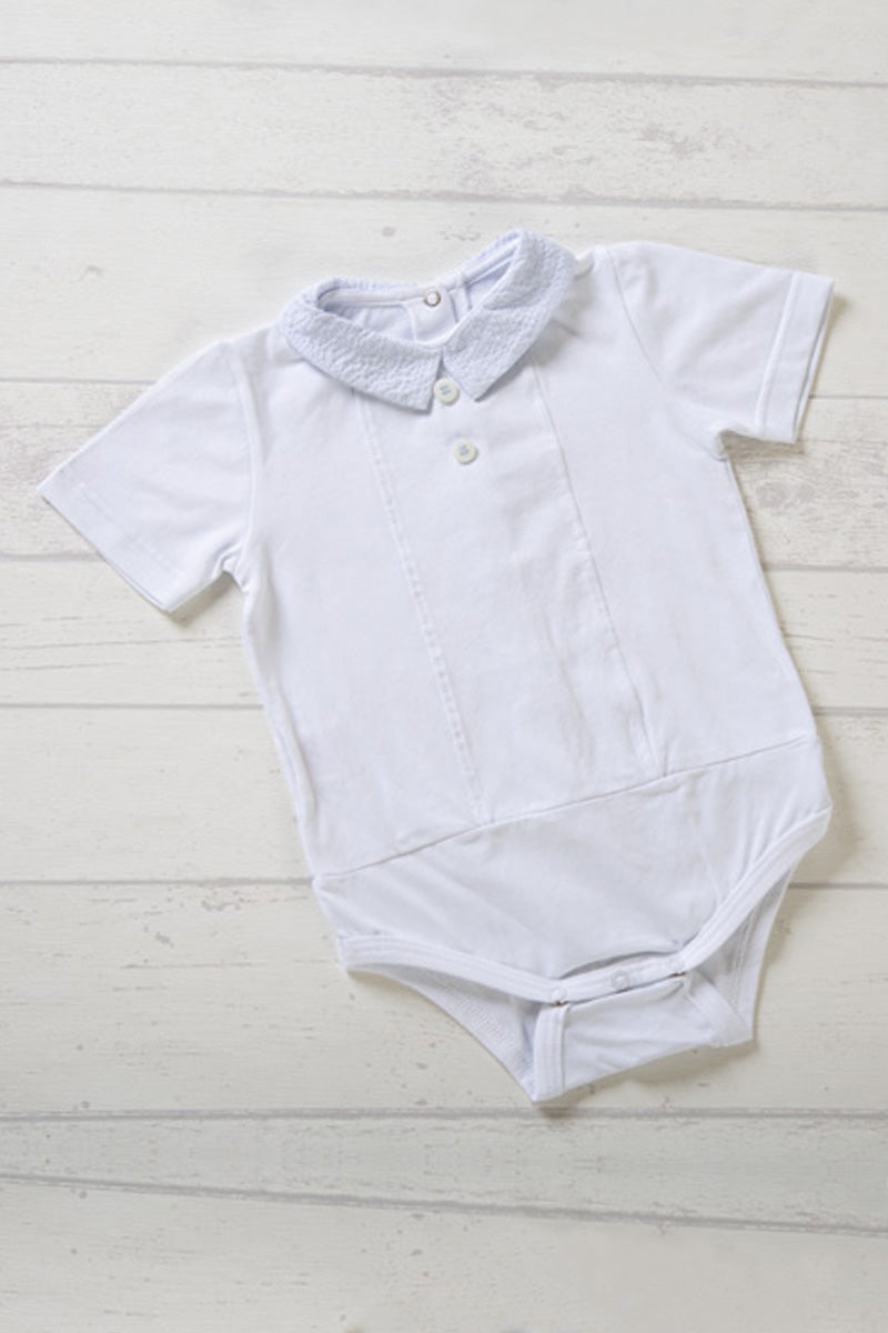 Body a camicia in jersey elasticizzato con colletto in tela di cotone goffrata millerighe con bottoni e pieghette