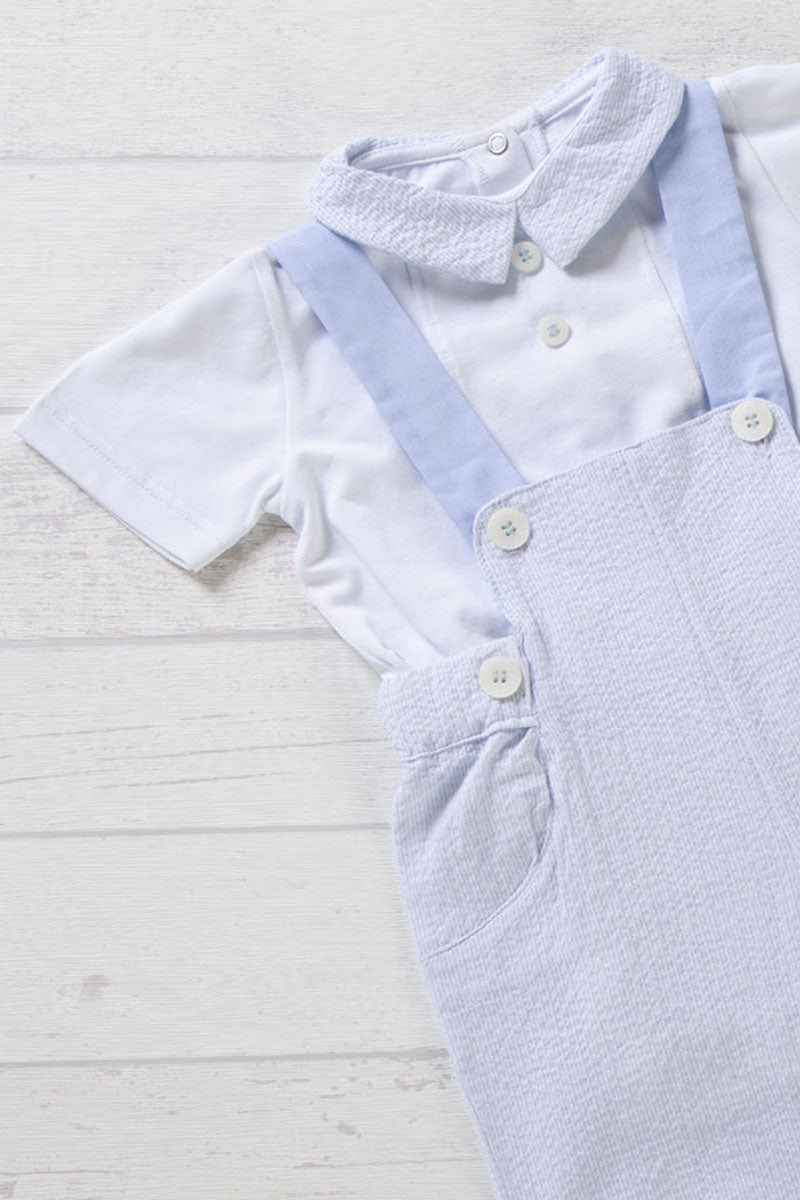 Body a camicia in jersey elasticizzato con colletto goffrato e Salopette in tela di cotone millerighe con bretelle in tela di cotone in contrasto