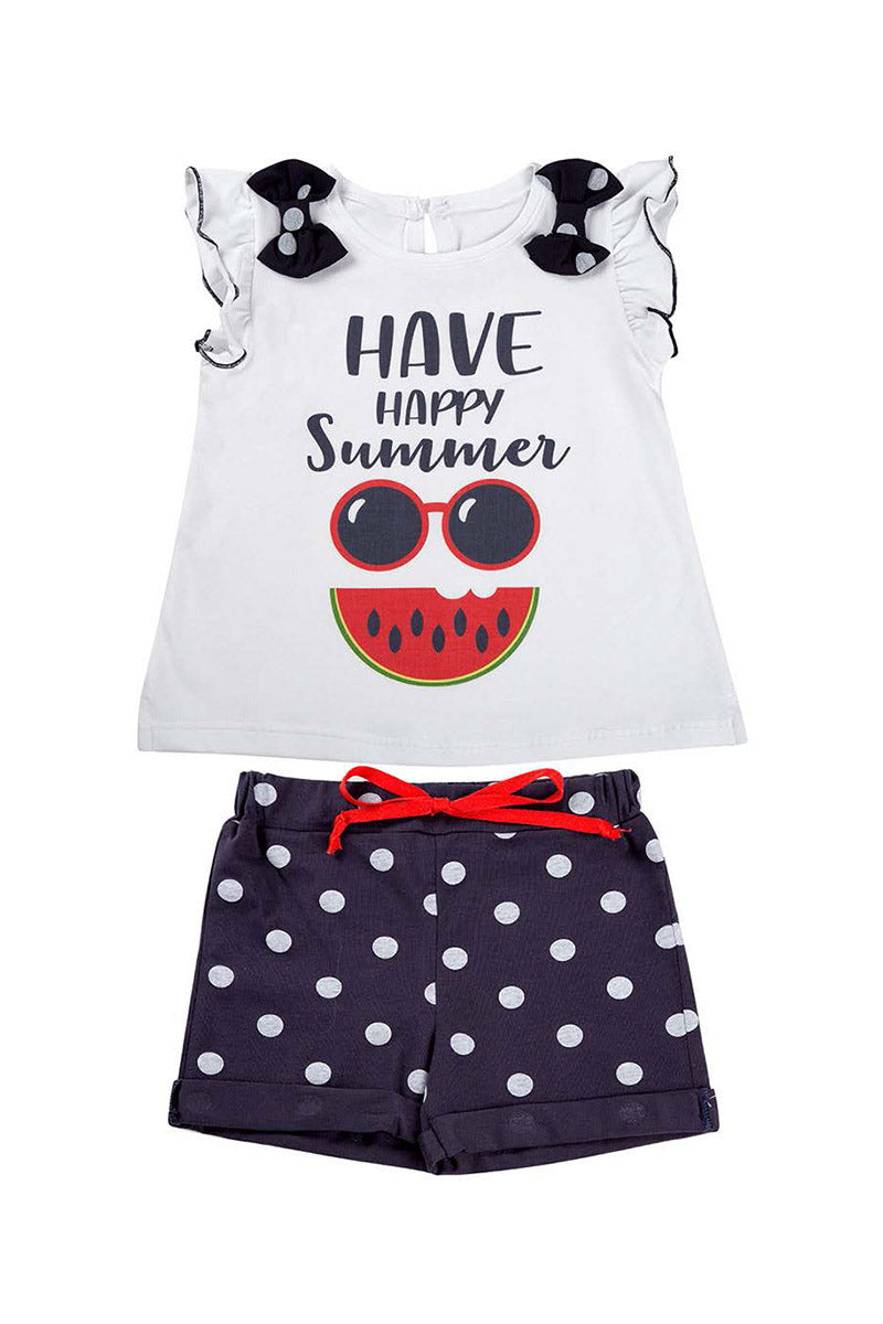 Completo mezza manica in cotone elasticizzato con stampa, rouches, fiocchi e short a pois