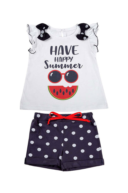 Completo mezza manica in cotone elasticizzato con stampa, rouches, fiocchi e short a pois