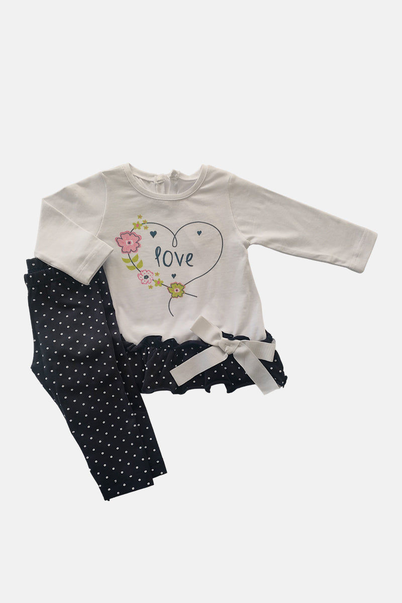 Completo manica lunga in cotone elasticizzato con stampa, balza e fiocco con leggings a pois