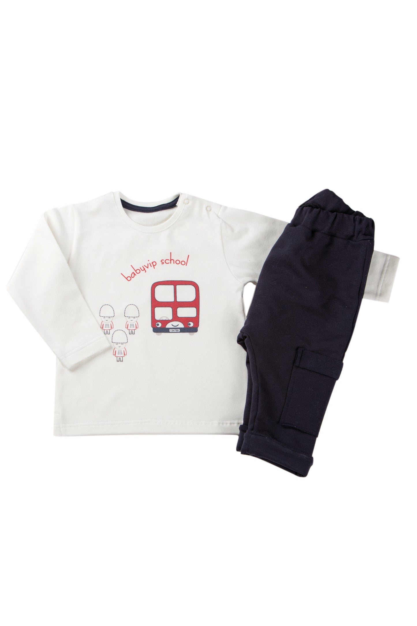 Completo 2 pezzi : maglia in cotone garzato elasticizzato con stampa e pantalone in felpa garzata