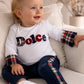 Completo 2 pezzi: Maglia in cotone elasticizzato garzato con stampa ed inserti tartan + pantalone effetto jeans