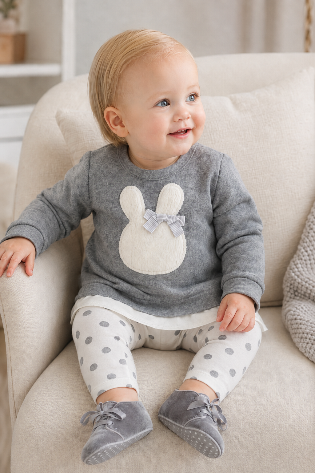 Completo 2 pezzi: Maglia in punto milano con ricamo + leggings in cotone elasticizzato garzato a pois
