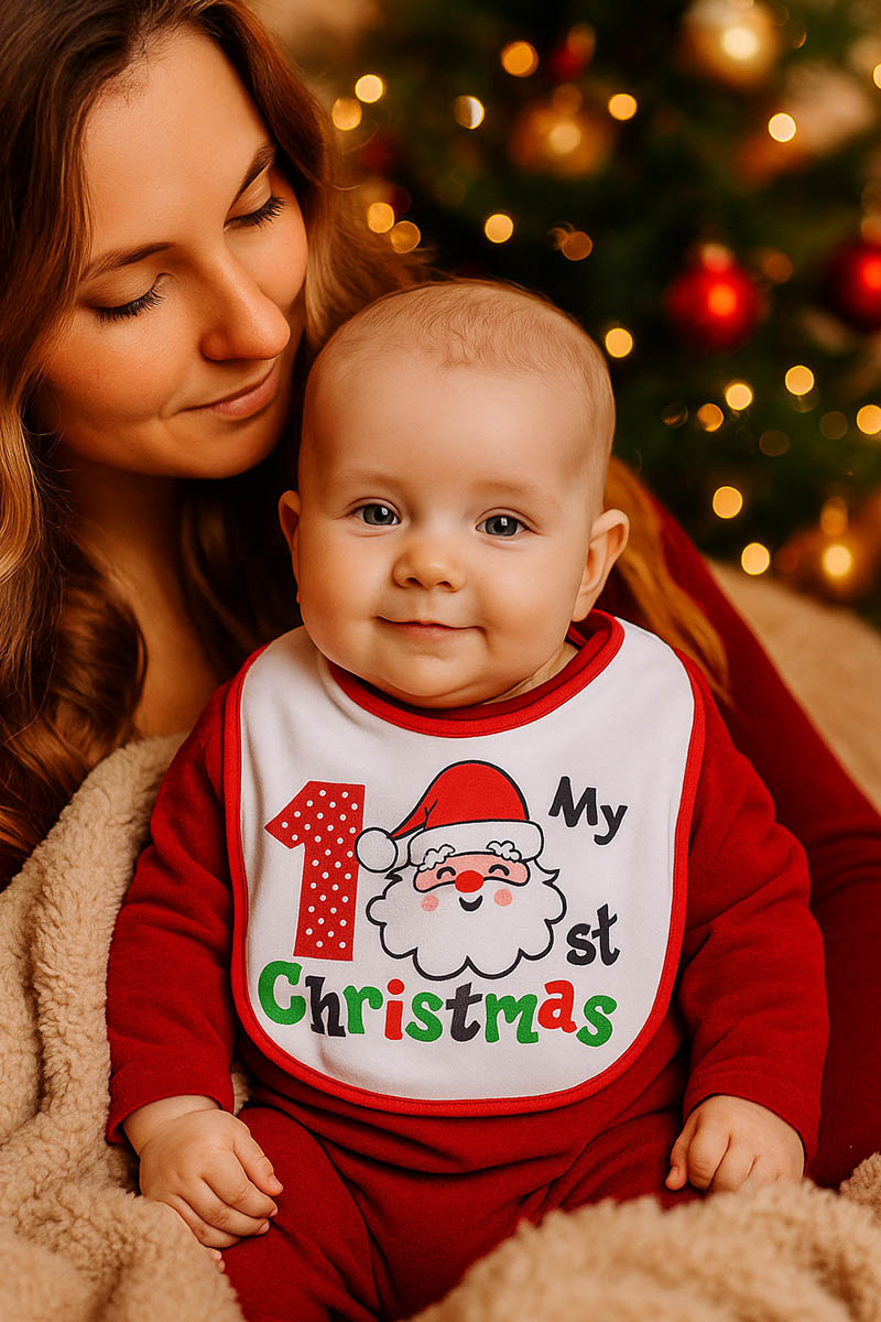 Bavetta neonato con stampa natalizia e bordo in contrasto
