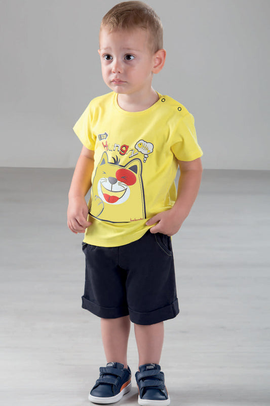 Completo in cotone elasticizzato con stampa e pantaloncino con fascia in contrasto