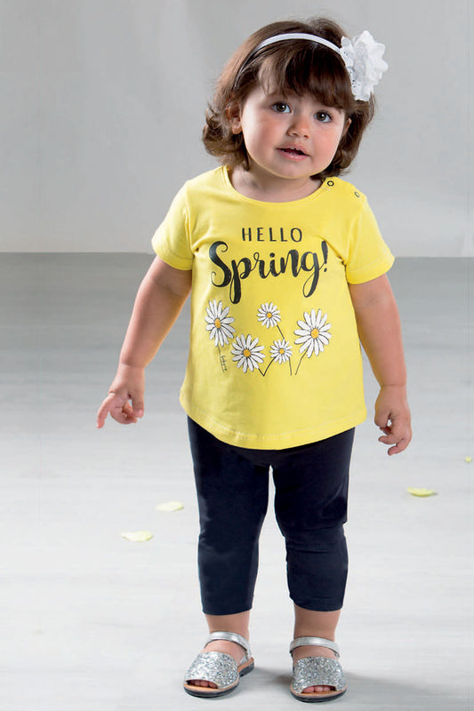 Completo in cotone elasticizzato con stampa, e leggings in contrasto