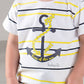 Completo in cotone elasticizzato rigato con stampa e pantaloncino in contrasto con tasche, coulisse e risvolti