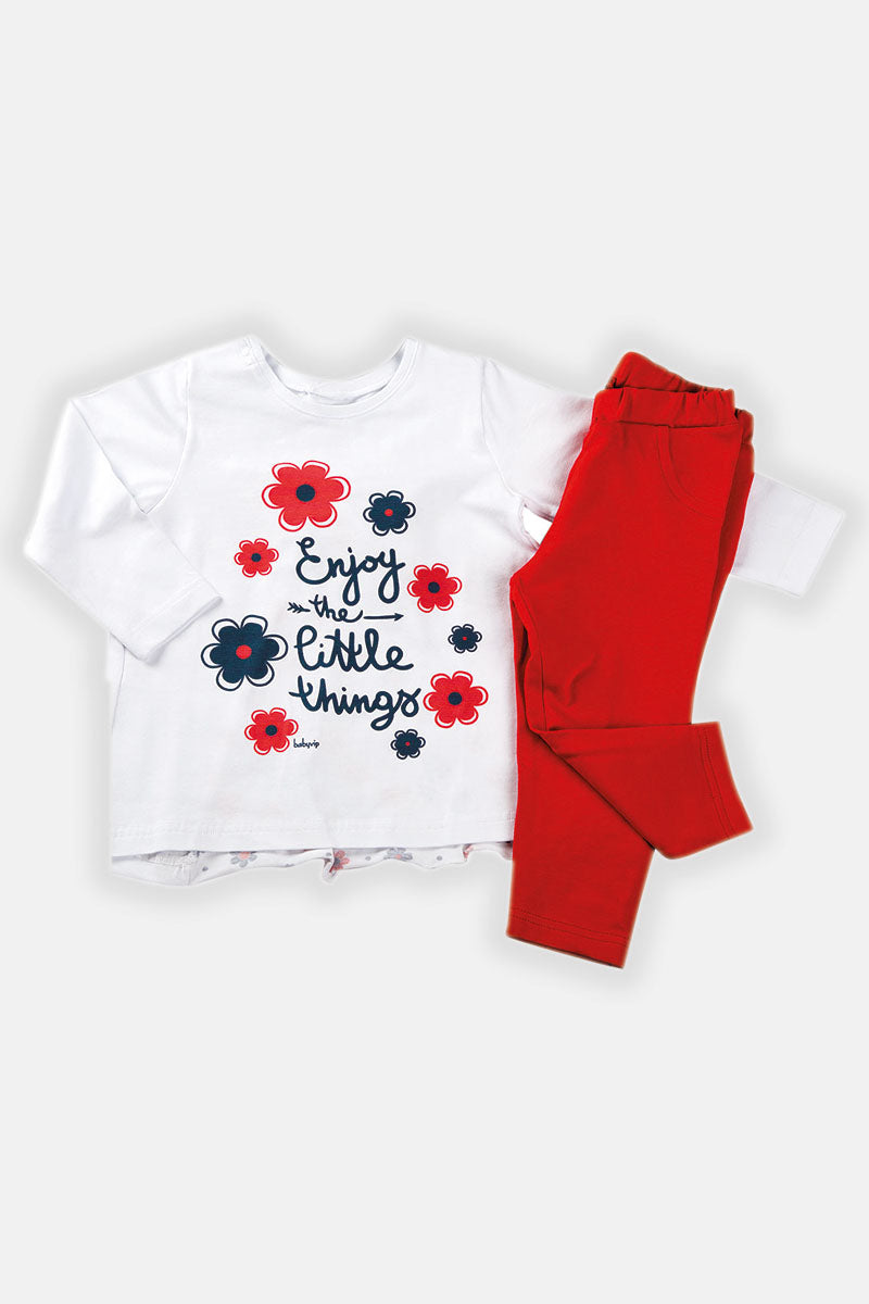 Completo manica lunga in cotone elasticizzato con stampa ed inserto fantasia sul retro + leggings in contrasto