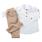 Completo 2 pezzi: Camicia in tela di cotone con collo coreana, fenda e bottoncini in contrasto + pantalone modello morbido con coulisse e tasche