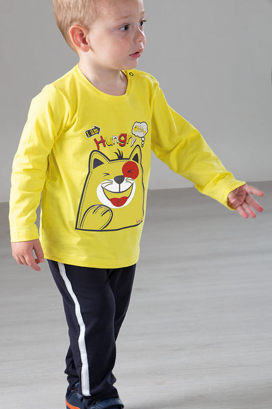 Completo in cotone elasticizzato con stampa e pantalone con bande laterali in contrasto