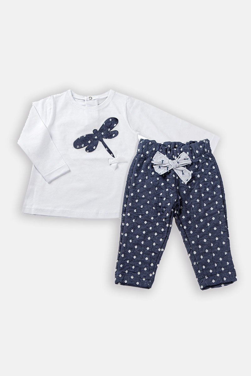 Completo: T-shirt in cotone elasticizzato con stampa + pantalone in maglina a pois con fiocco