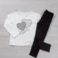 Completo in cotone elasticizzato garzato con stampa e arricciatura sul fondo laterale e leggings in contrasto