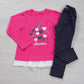 Completo: maglia in cotone elasticizzato garzato con stampa, strass e balza con leggings effetto jeans elasticizzato a pois