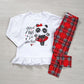Completo: maglia in cotone elasticizzato garzato con stampa, ricamo, nodino in velluto e leggings fantasia tartan