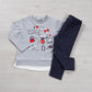 Completo: maglia in cotone elasticizzato con stampa inserto finta camicia sul fondo e leggings elasticizzato effetto jeans a pois