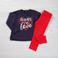 Completo: maglia in cotone elasticizzato garzato con spacchetti sul fondo e stampa + leggings