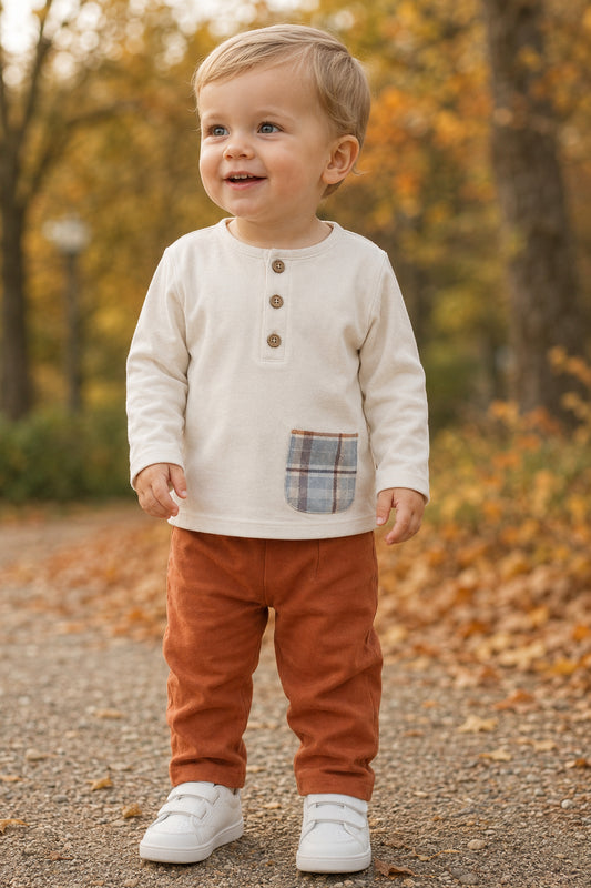 Completo 2 pezzi : Maglia in cotone elasticizzato garzato con tasca + pantalone in velluto a coste