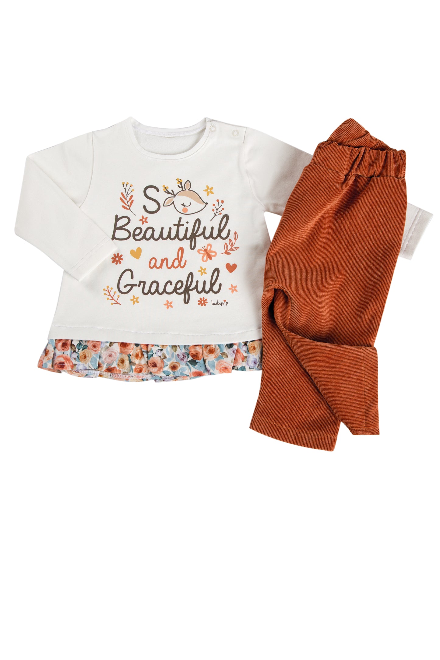 Completo 2 pezzi : Maglia in cotone elasticizzato garzato con stampa + pantalone in velluto a coste