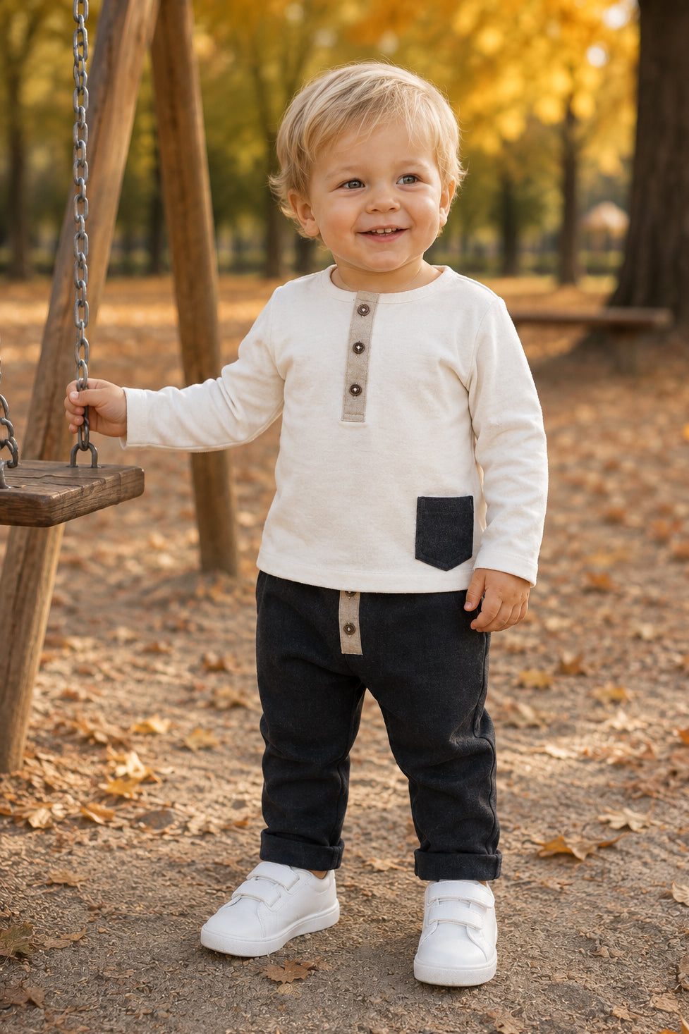 Completo 2 pezzi: Maglia in cotone elasticizzato garzato con tasca + pantalone effetto jeans