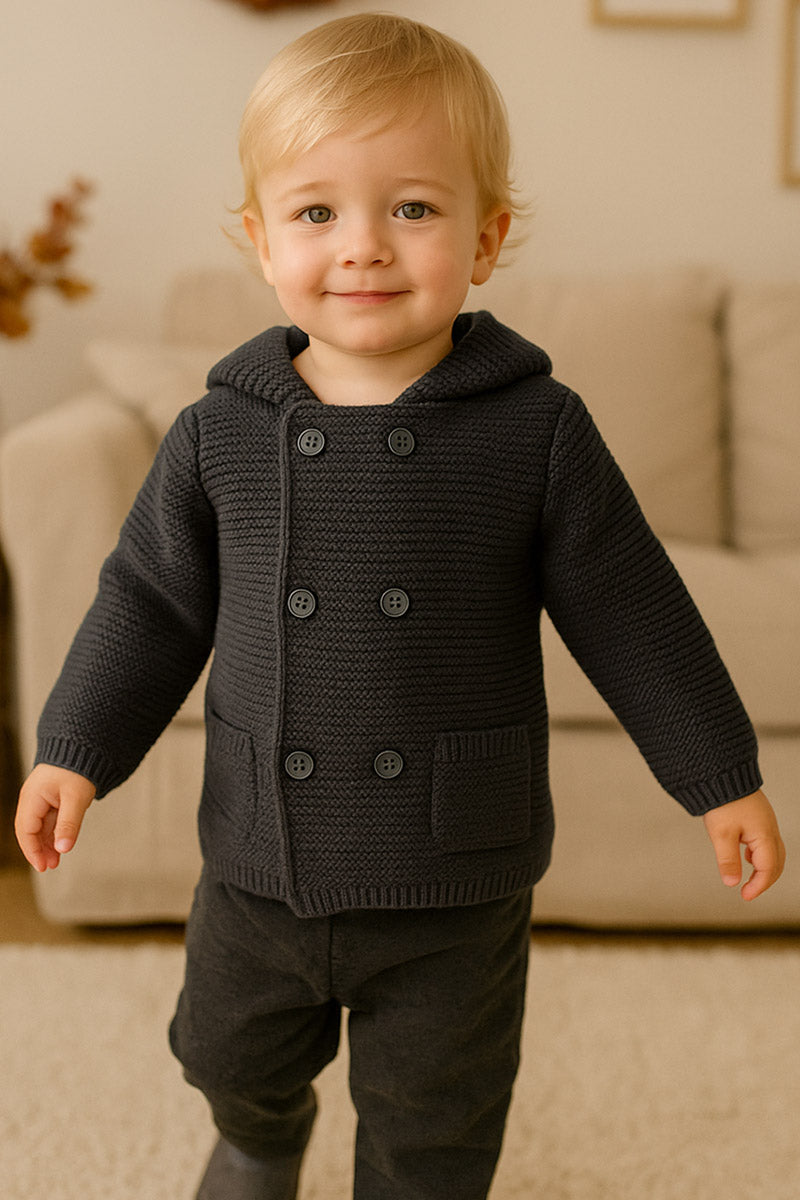 Cardigan in misto lana con cappuccio abbottonatura doppio petto e taschini