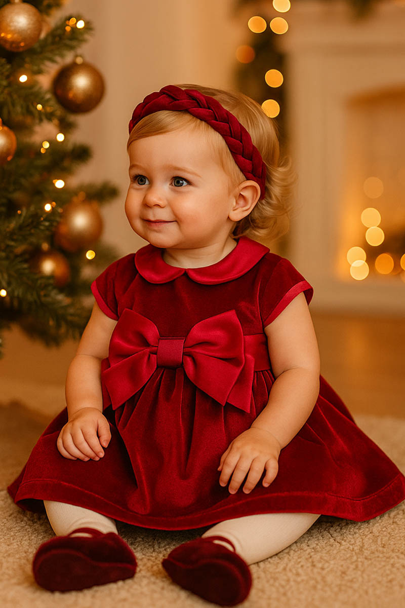 Vestitino in velluto con colletto e bordi maniche in raso