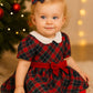 Vestitino in tessuto tartan con colletto tondo in tela di cotone con fiocco e maniche a sbuffo