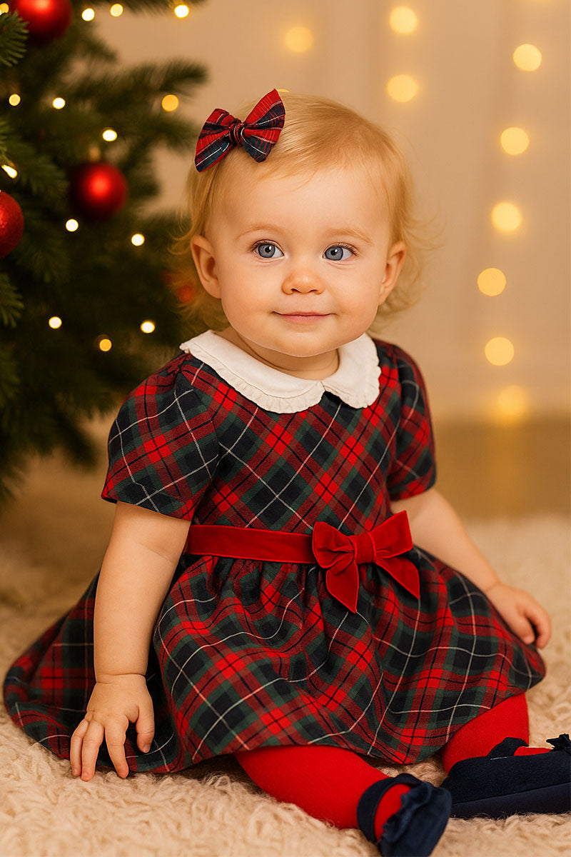 Vestitino in tessuto tartan con colletto tondo in tela di cotone con fiocco e maniche a sbuffo