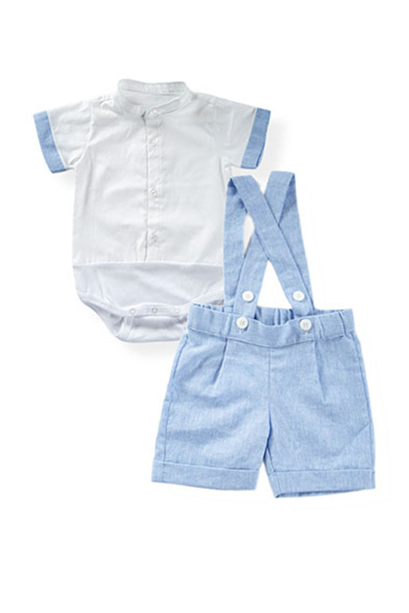 Completo Body a camicia in tela di cotone con collo coreana e inserti in contrasto fondo manica + Bermuda con bretelle, pence e risvolto sul fondo