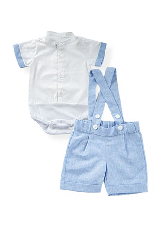 Completo Body a camicia in tela di cotone con collo coreana e inserti in contrasto fondo manica + Bermuda con bretelle, pence e risvolto sul fondo
