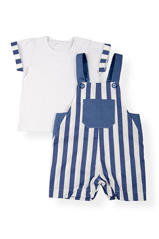 Completo: T-shirt in cotone con risvolti rigati - Salopette in tela di cotone rigata con inserti in contrasto