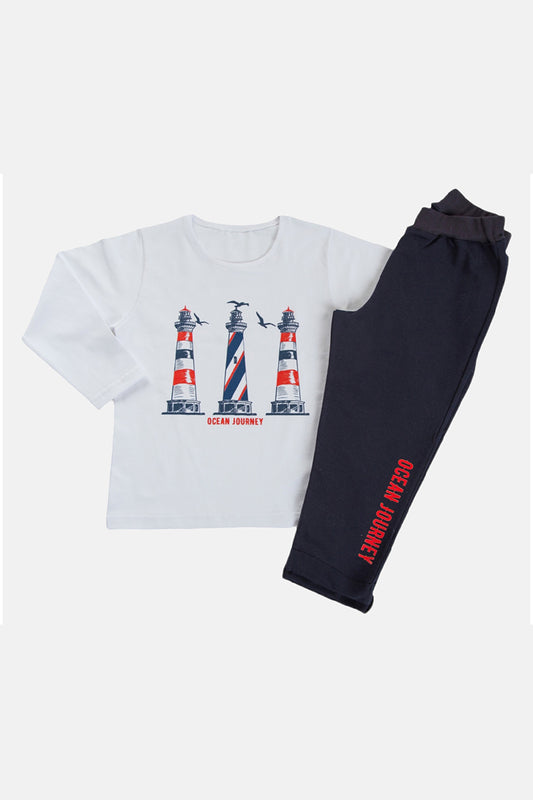 Completo: T-shirt manica lunga in cotone elasticizzato con stampa e pantalone in felpina con stampa sul fondo e risvolti