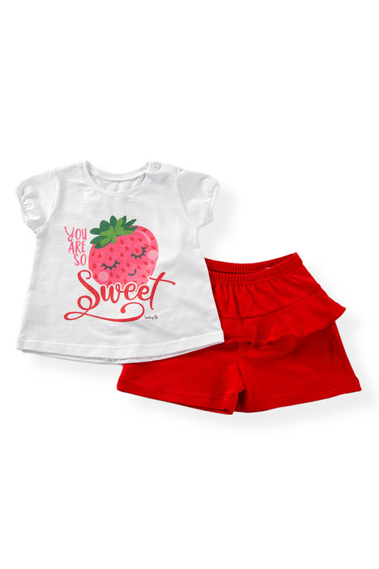 Completo 2 pezzi mezza manica in cotone elasticizzato con stampa e pantaloncino in contrasto con balza